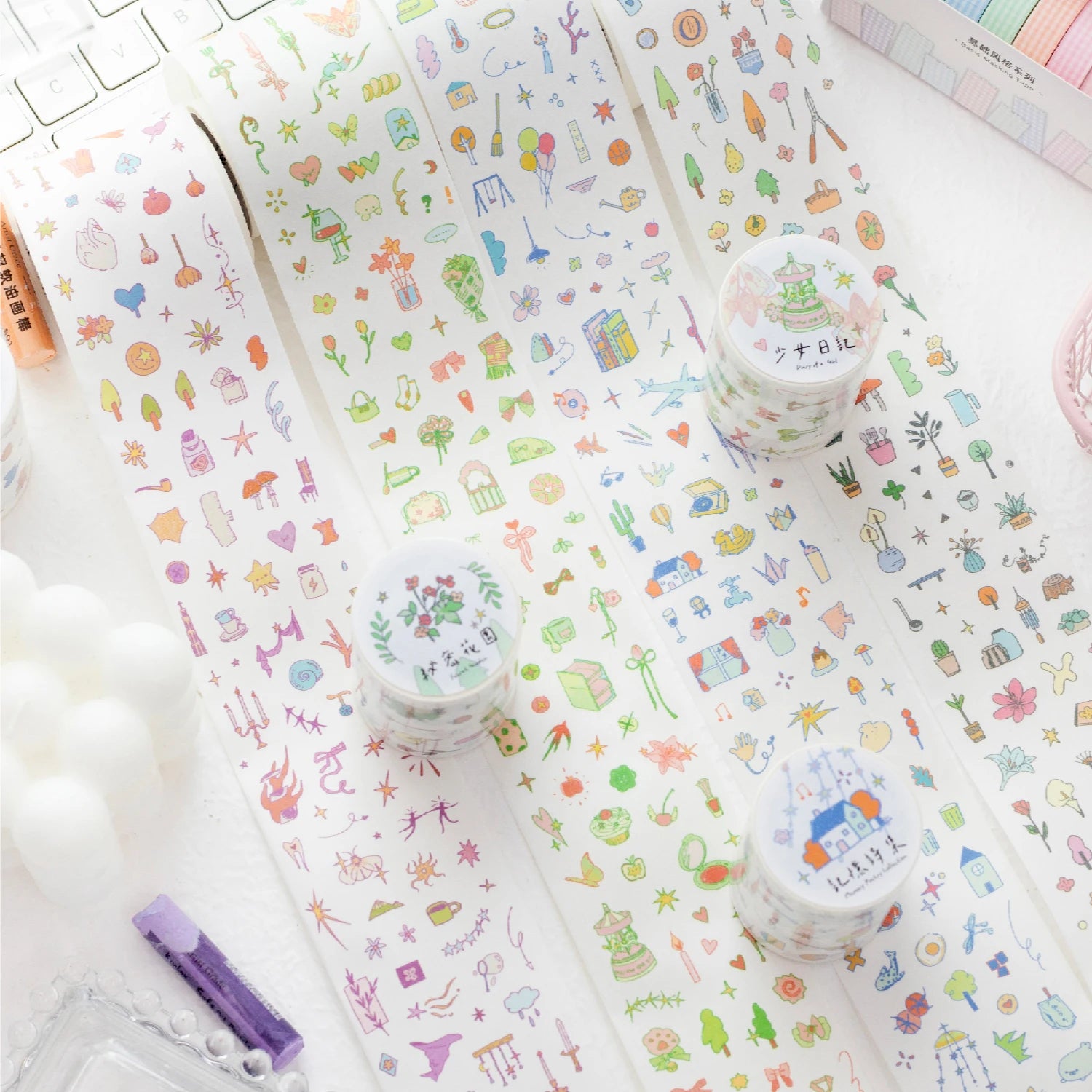 1 Roll Mini Doodle Theme Die-Cut Tape for Journal DIY Scrapbooking Collage Phone Case Notebook Decoration Qme
