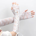 Women Sexy Lace Long Gloves Black Elbow Half-finger Ribbon Fingerless Qme WHITE length 39cm
