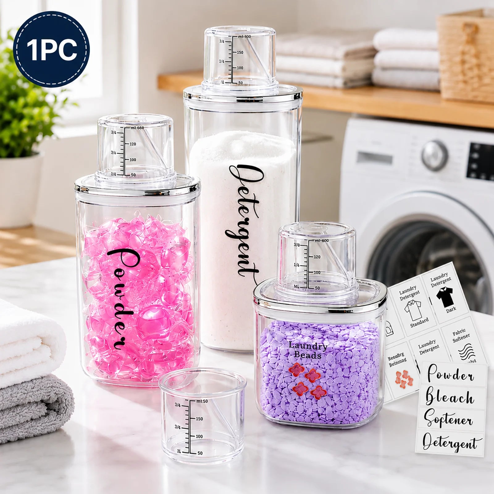 Clear Laundry Detergent Dispenser Container with Measuring Cup Lid, Cylindrical Airtight Canister for Laundry Powder Liquid Soap Qme