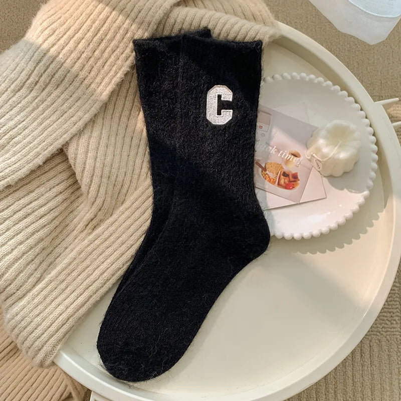 Luxury Women Wool Socks Warm Winter Thick Cashmere Casual Japanese Fashion Solid Color Comfortable Home Sock Long High Quality Qme