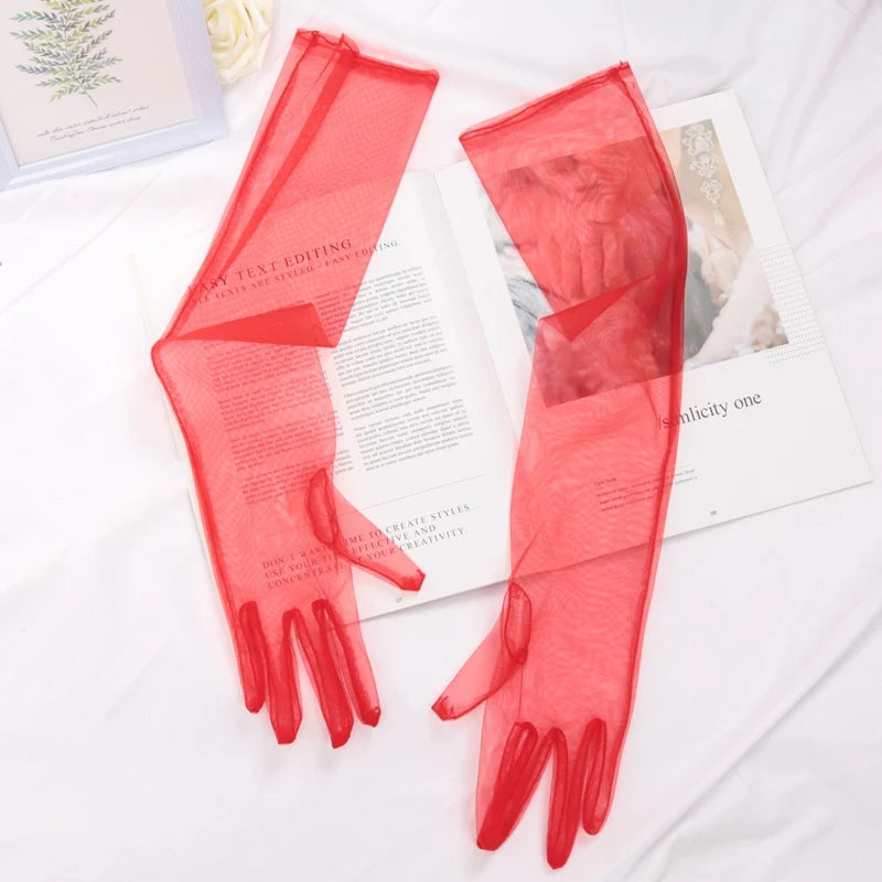 Fashion Long Sheer Tulle Gloves Ultra Thin Stretchy Full Finger Qme Red 55cm