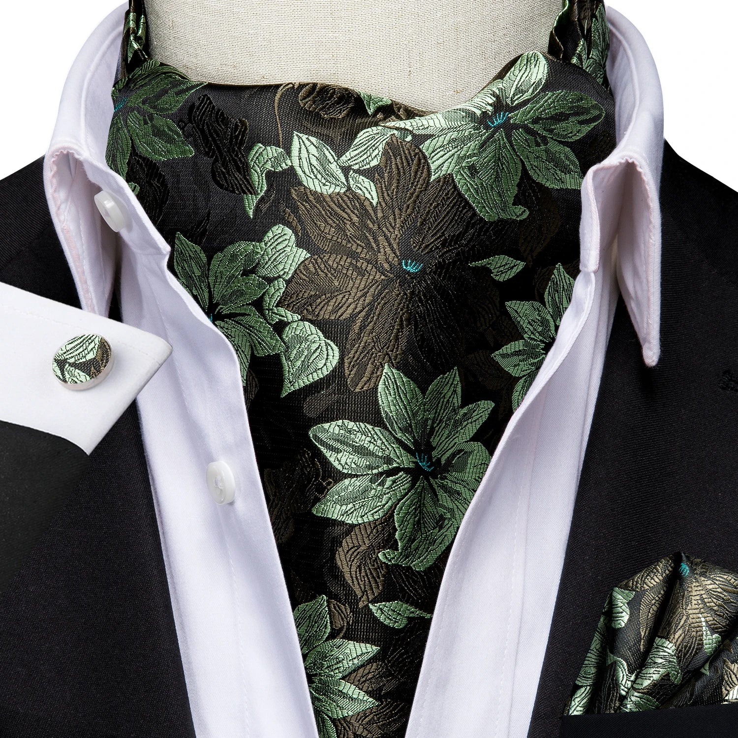 Hi-Tie Silk Mens Ascot Pocket Square Cufflinks Set Jacquard Paisley Floral Vintage Cravat Tie for Male Red Blue Green Gold Pink Qme AS-1051