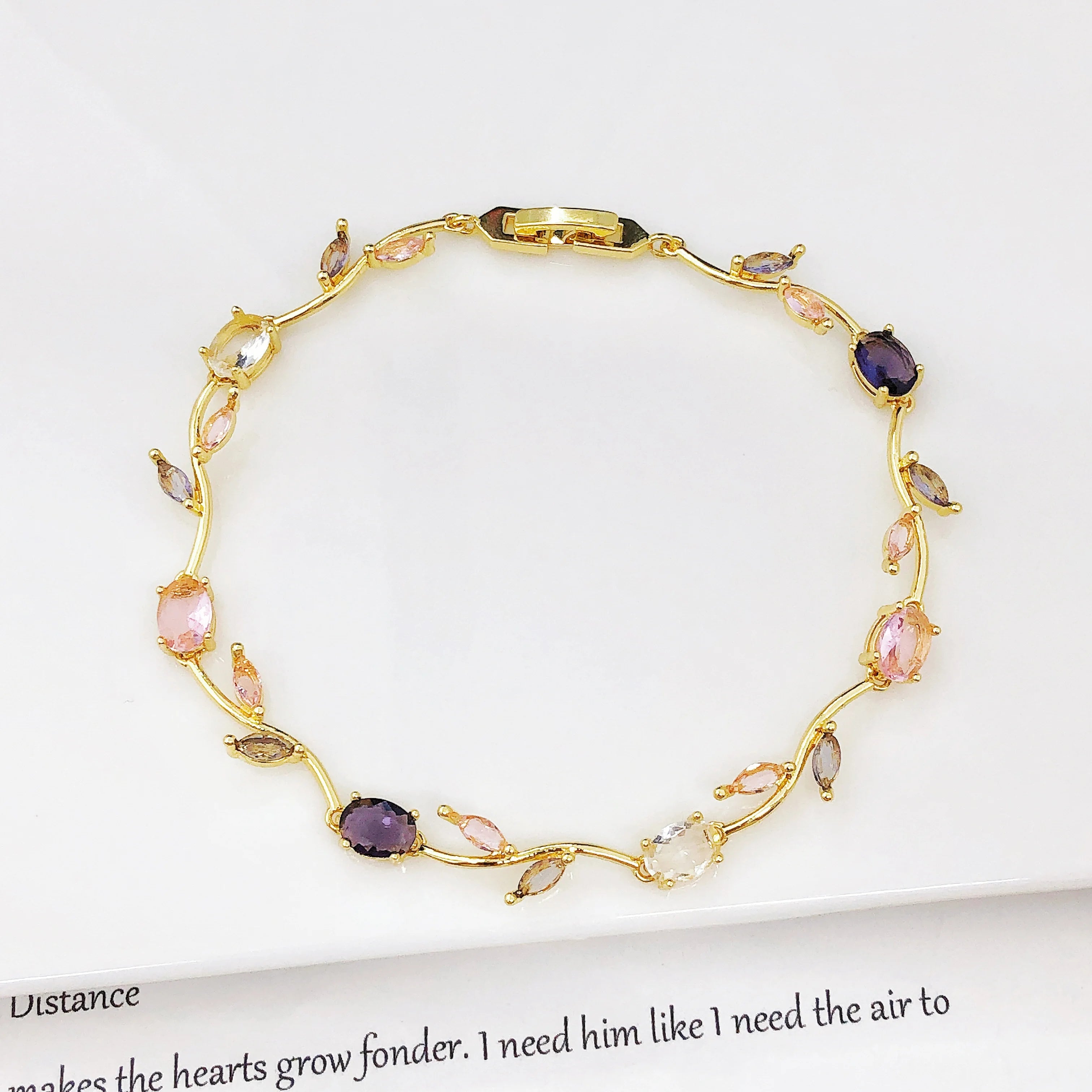 Colorful Trendy Charm Crystal Leaf Vine Flower Rhinestone Bracelet Luxury for Women Girl Party Wedding Gold-Plated Jewelry Gift Qme 7 21cm
