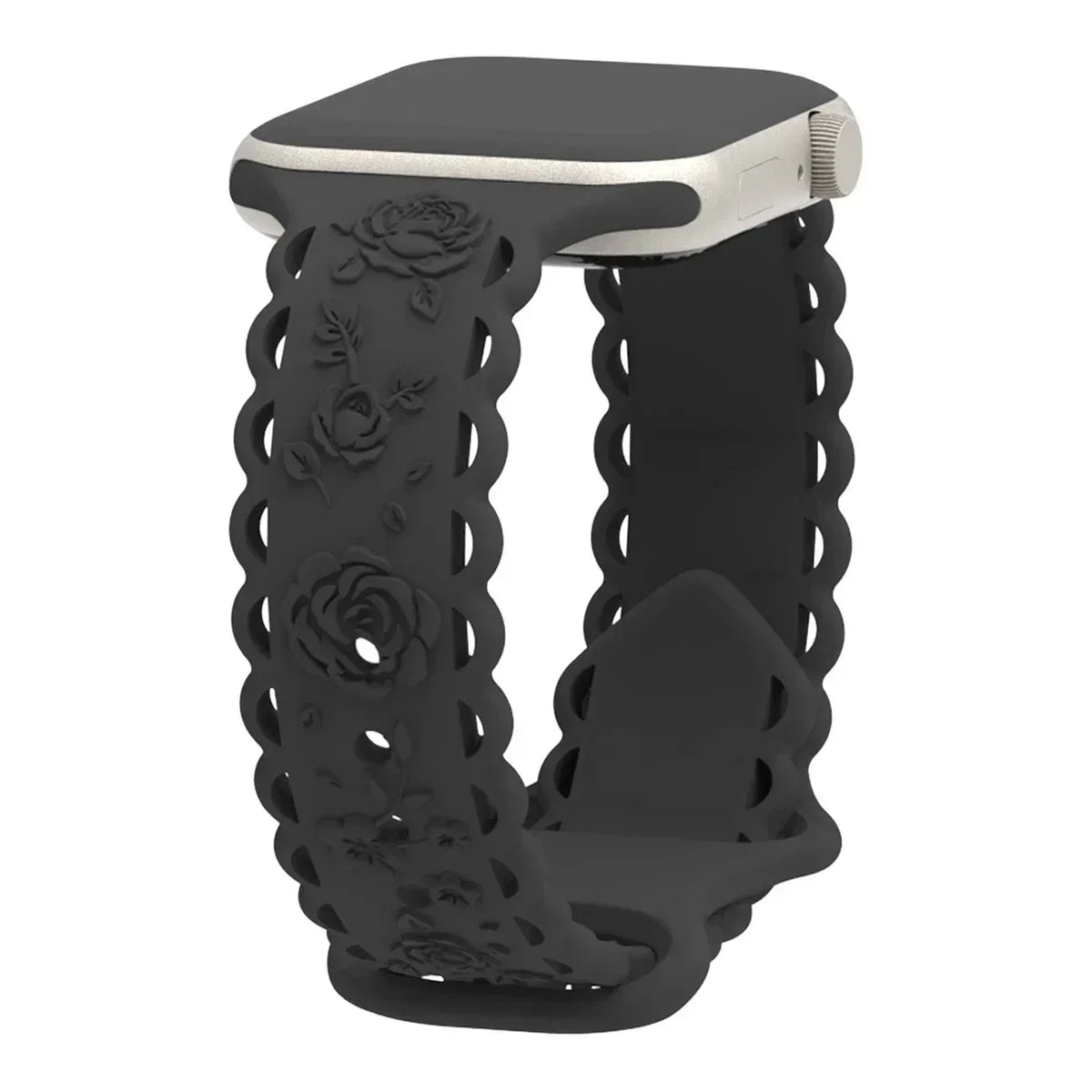 Engraved Floral Strap for Apple Watch Ultra2 49mm 45 44 42 41 40mm 38mm Silicone Band for IWatch Series 9/8/7/6/5/4/3/2/SE Ultra Qme Black 02 42mm 44mm 45mm 49mm