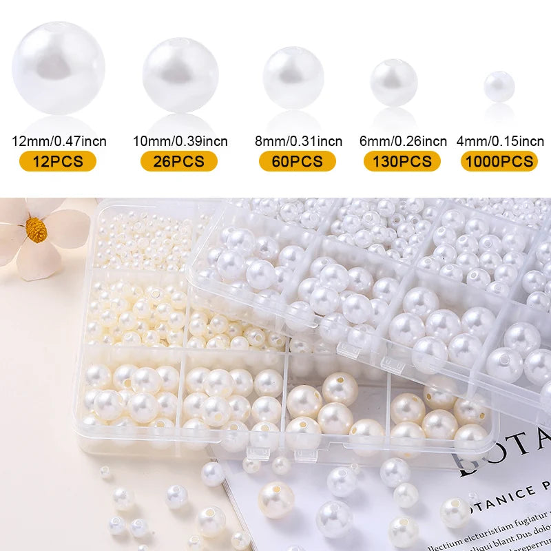 1200Pcs Resin Pearl Beads Kit 5 Sizes Round Small Pearl Filler Beads with Hole for DIY Craft Necklaces Earrings Bracelets Making Qme