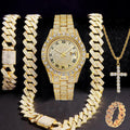 Men's Full Diamond Watch and Jewelry Combo Set, Iced Out Cuban Chain + Bracelet + Cross Pendant + Ring + Watch, Perfect Gift Qme Gold