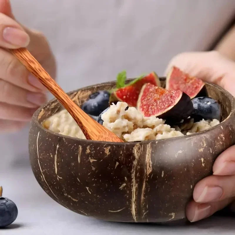 Natural Coconut Bowls And Wooden Spoon Sets Reusable Coconut Shell Bowls For Dessert Yogurt Fruit Salad Kitchen Tableware Qme