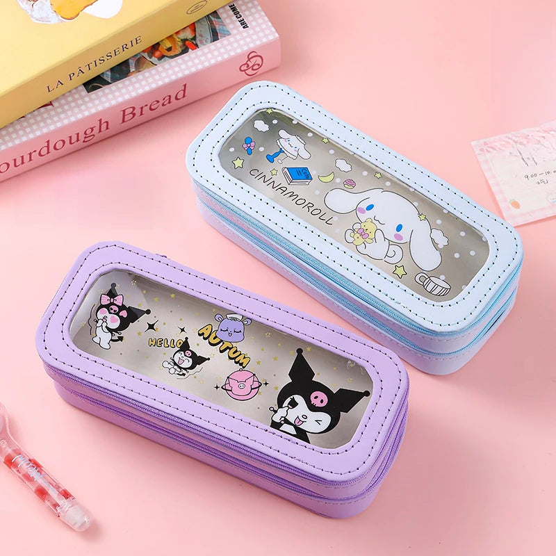 Hello Kitty Kuromi Transparent Double-Layer Pencil Case with Window Large-Capacity, Stylish Pencil Case Student Pencil Case Qme