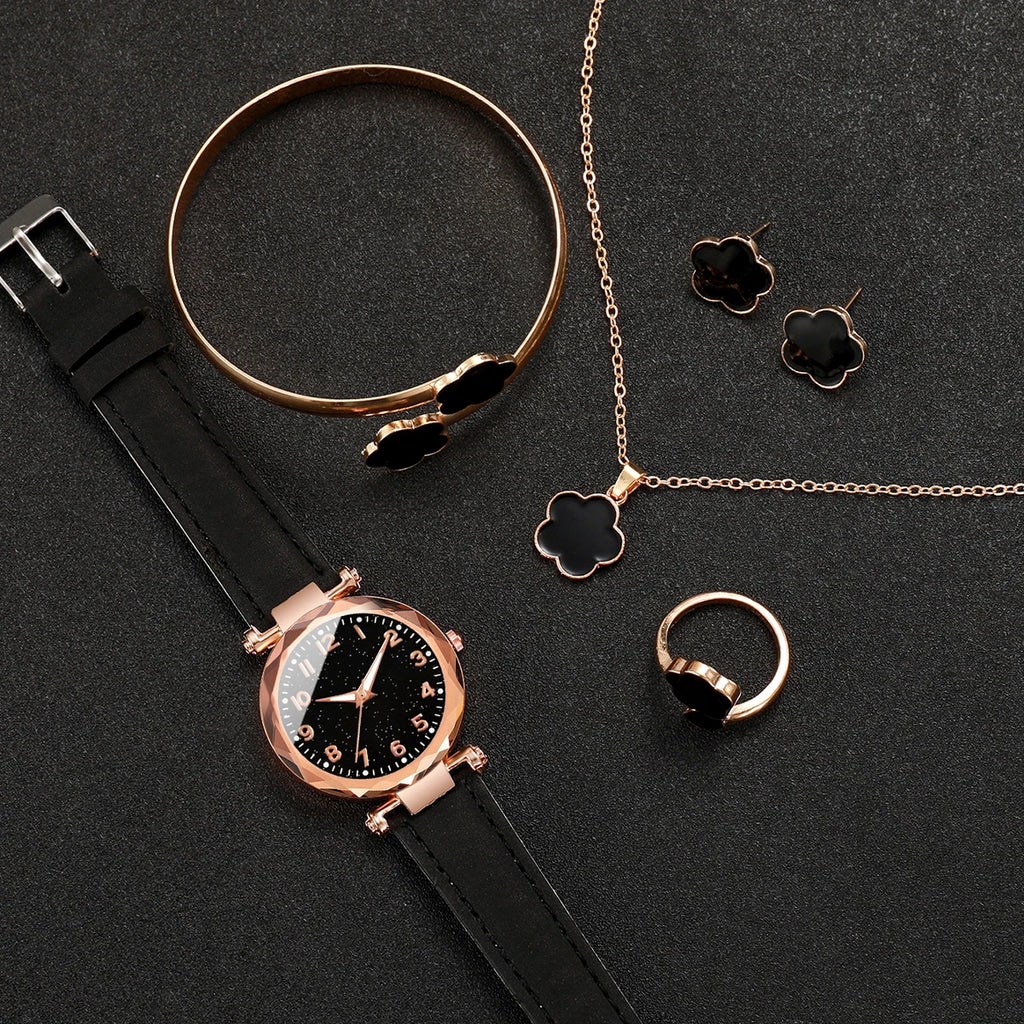 6PCs/Set Women's Watch Fashion Digital Leather Quartz Watch with Unique Flower Jewelry Set Qme