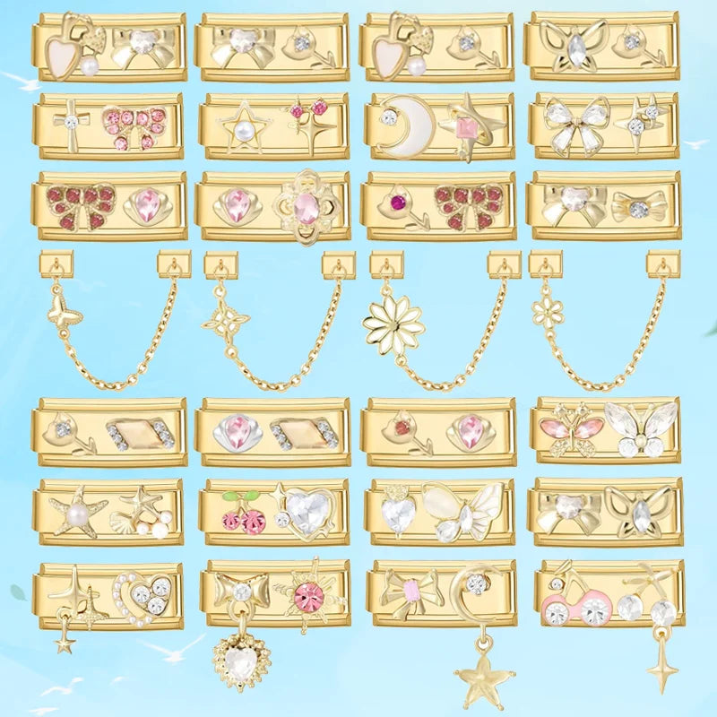Sweet Flowers Butterfly Cute Heart Bows Italian Charm Link Gold Color Fit 9mm Stainless Steel Bracelet Women DIY Making Gift Qme