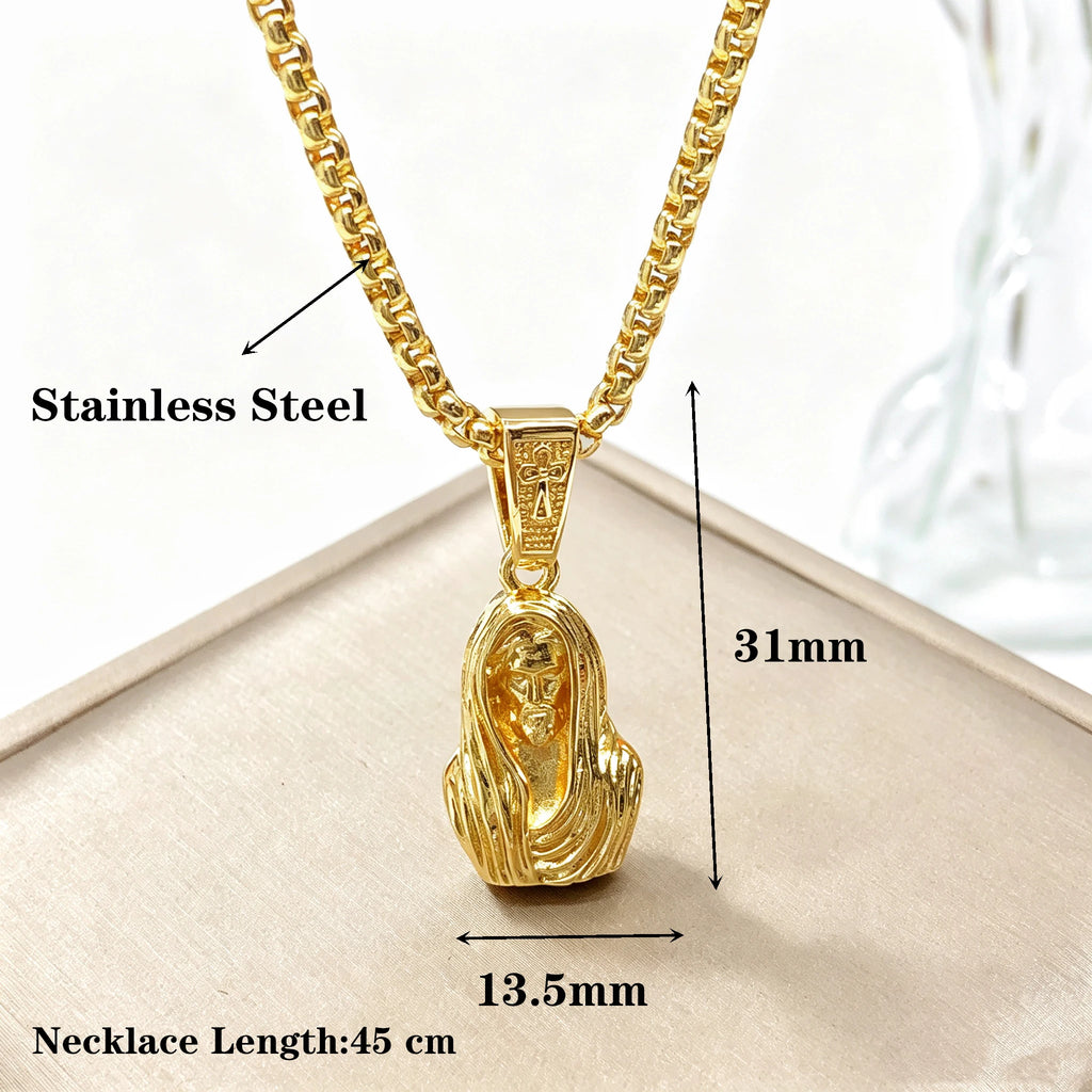 High-Quality Gold-Plated 3D Thick Jesus Portrait Stainless Steel Chain Necklace Classic Men Women Party Religious Faith Jewelry Qme