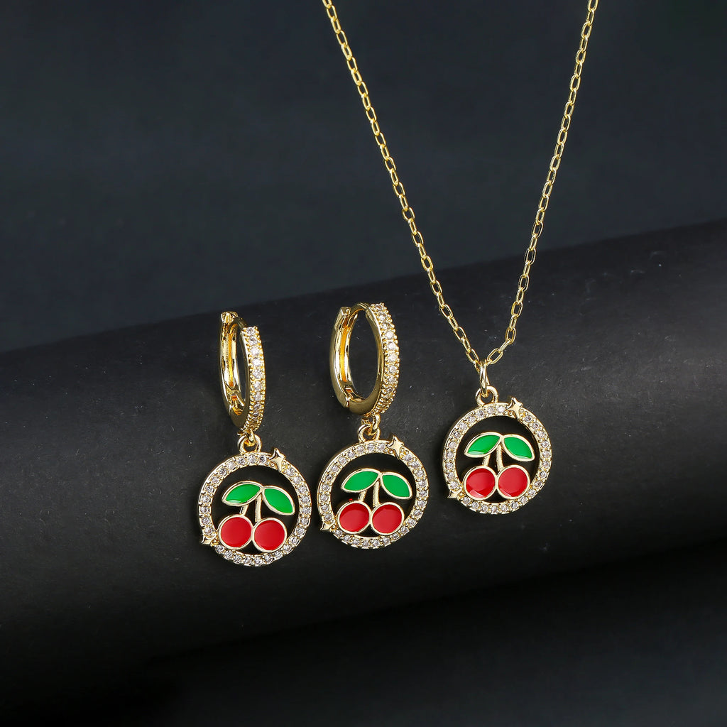 2pcs Hot Sale Fruit Cherry Strawberry Crystal Earrings Necklace Jewelry Set Lucky for Woman Shiny Zircon Party Gift Accessories Qme Jewelry Set 5