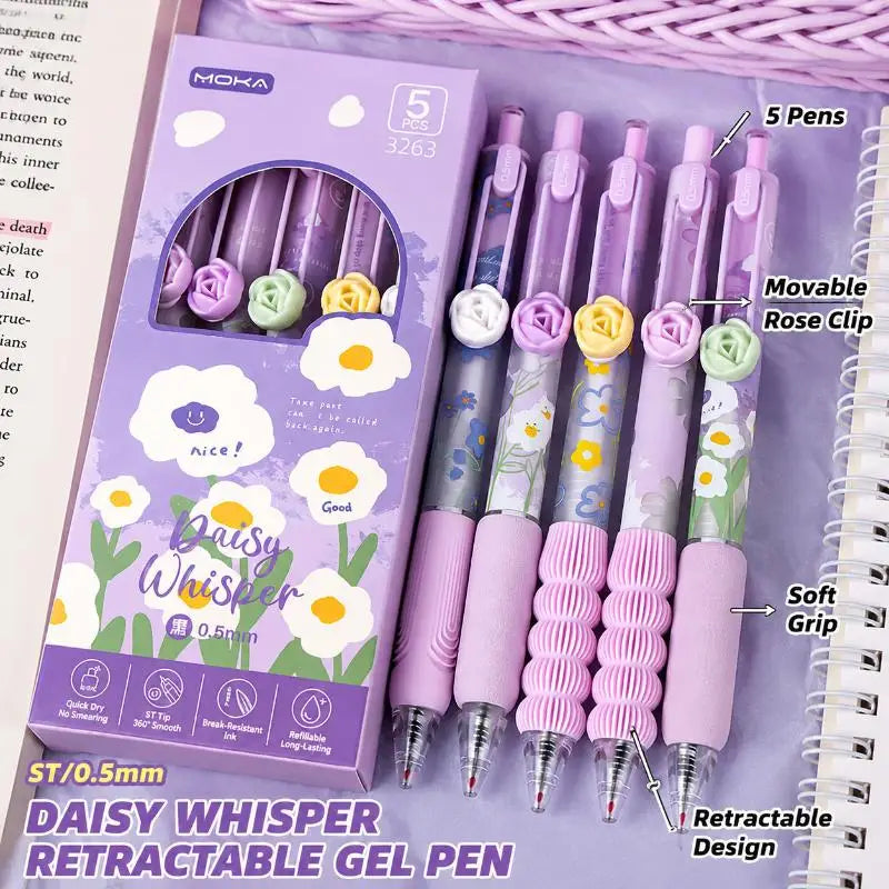 3D Flower Retractable Gel Pens Soft Anti-slip Grip Fine Nib Smooth Qme D