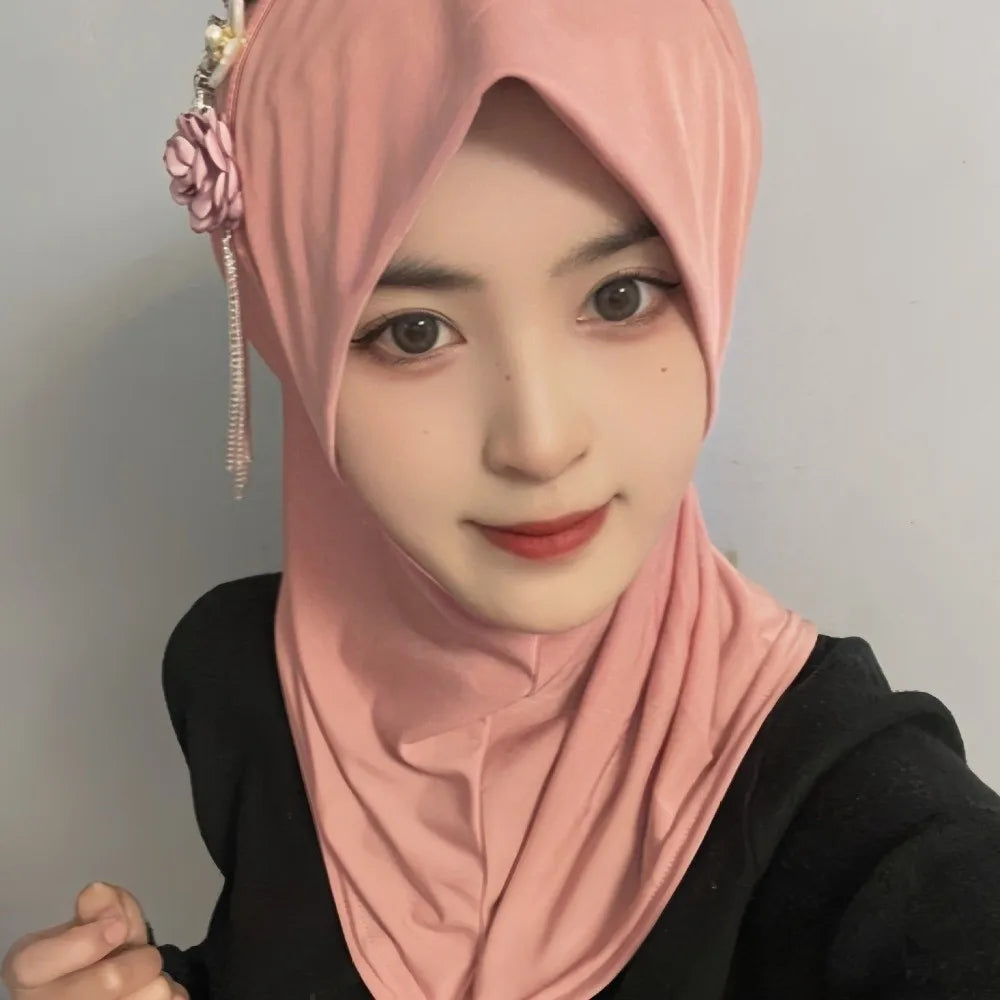 Round Neck Elastic Flower Tassel Hijab Cap Breathable Solid Color Pre-Tied Headscarf Soft Fabric Polyester Head Wrap Home Qme