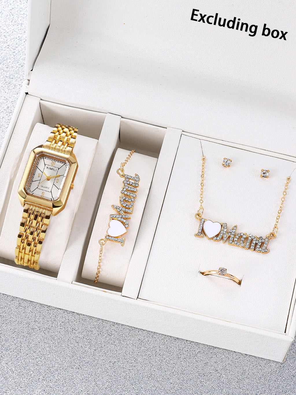 Golden rectangular steel strip quartz women's watch with diamond studded letters necklace bracelet earrings ring Mother's Day Qme WHITE No