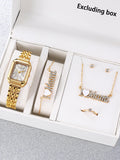 Golden rectangular steel strip quartz women's watch with diamond studded letters necklace bracelet earrings ring Mother's Day Qme WHITE No