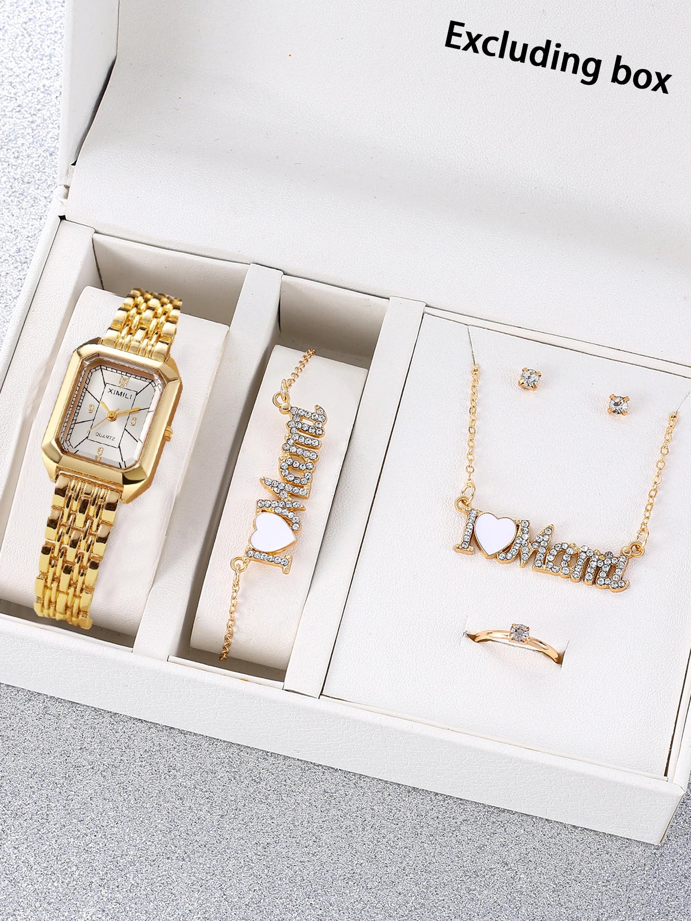 Golden rectangular steel strip quartz women's watch with diamond studded letters necklace bracelet earrings ring Mother's Day Qme WHITE No