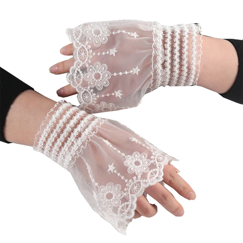 Detachable Lace Cuffs Gloves Flower Mesh Fake Flared Sleeves Pleated Qme WHITE