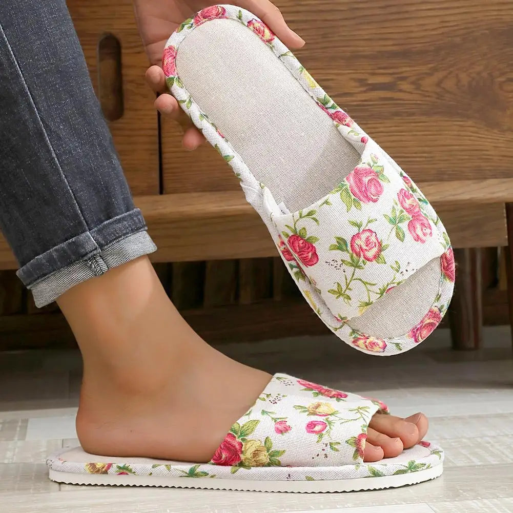 Fashion Floral Slippers Women Casual Comfortable Indoor Home Flat Shoes Anti Slip Sandals Spring Autumn September Essential Qme