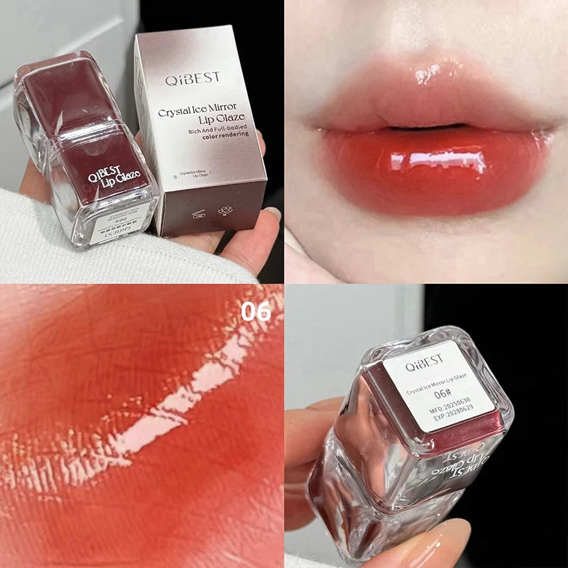QIBEST Mirror Water Glazed Lip Gloss Moisturizing Lip Tint Not Easy to Fade Long Lasting Non-Stick Cup Lipgloss Stain Makeup Qme 06