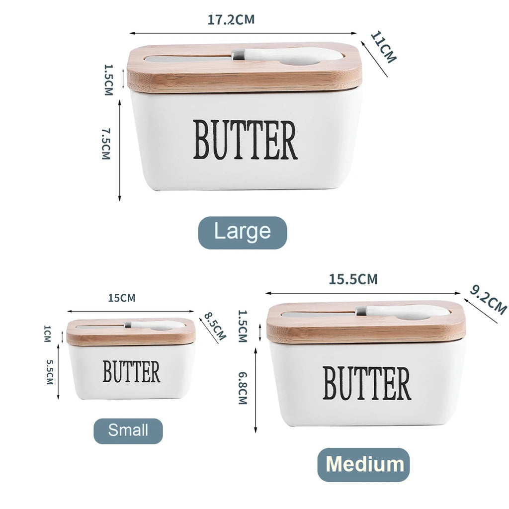 Ceramic Butter Container Box Restaurant Sealed Storage Box Cheese Box with Knife Bamboo Lid Butter Slicer Butter Dish Tableware Qme