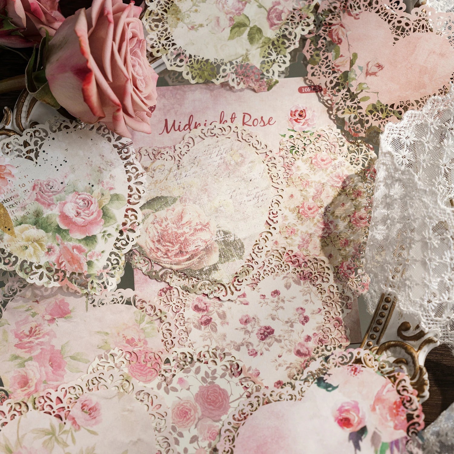 10 pcs Vintage Broken flower hollowed out lace paper Decorative Diy Scrapbooking Diary Album junk journal Collage material Qme