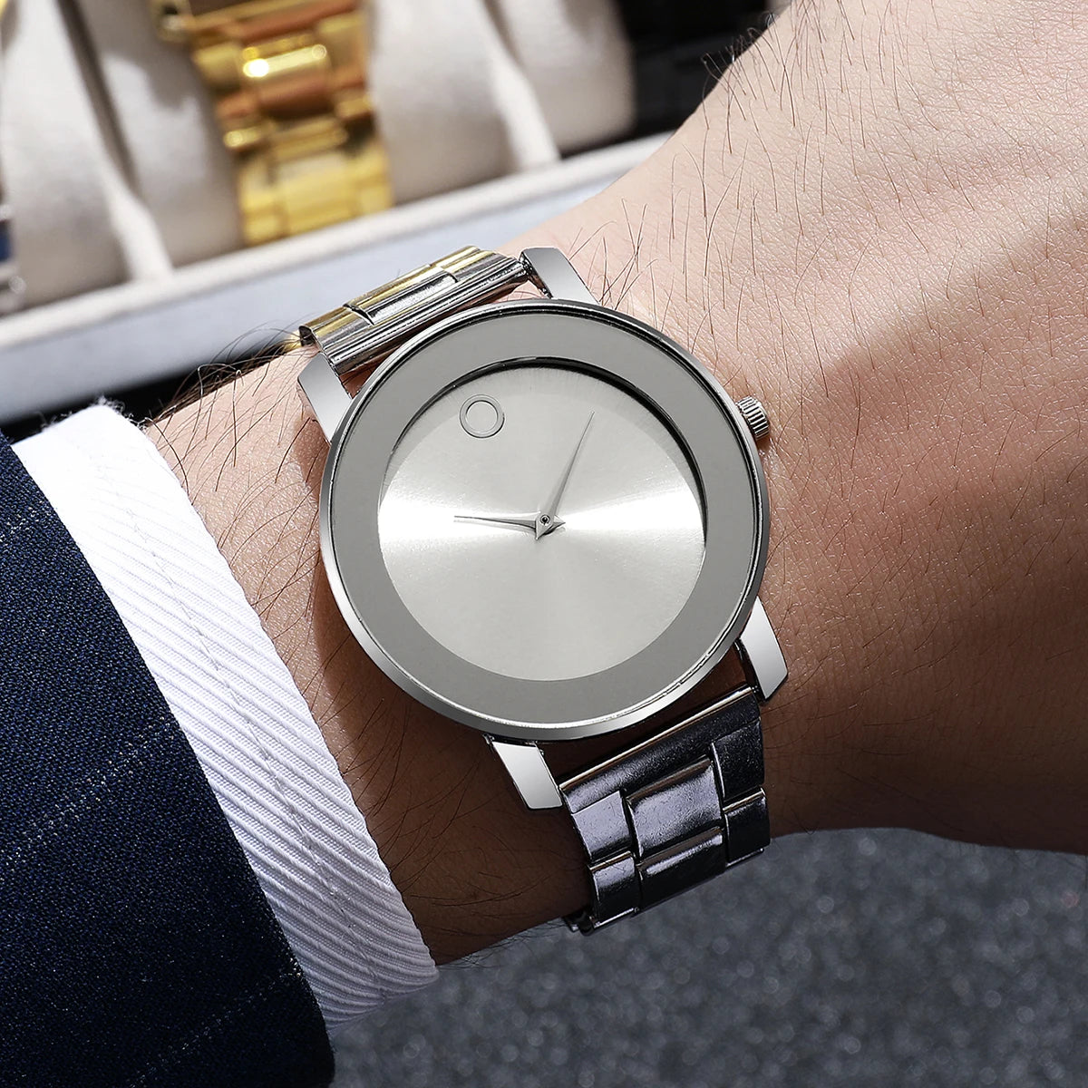 3 pçs moda masculina relógios de negócios conjunto simples dial relógio de quartzo para relógio masculino reloj hombre Qme Silver