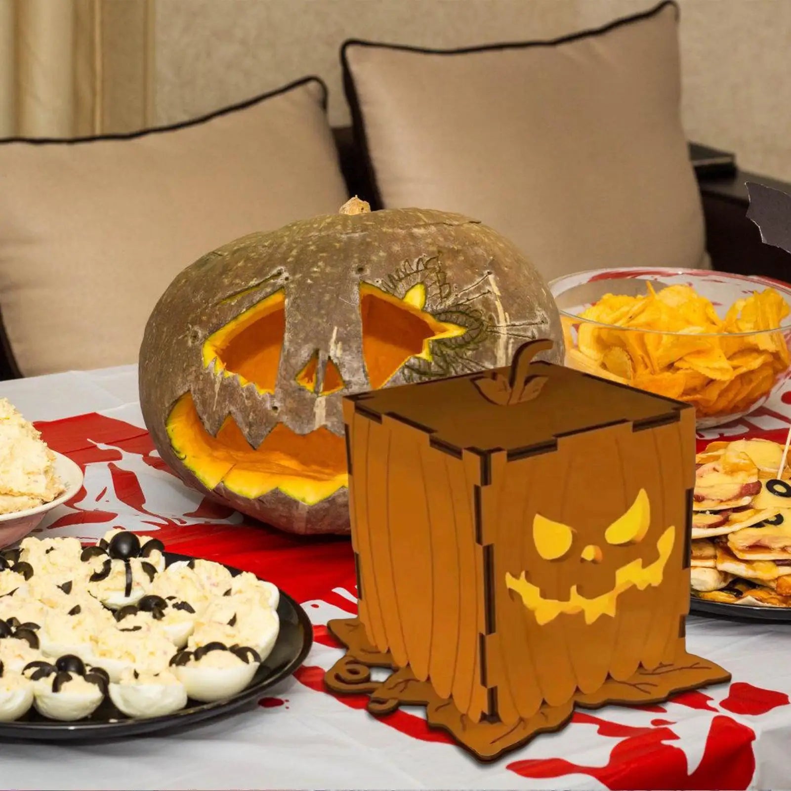 Halloween Pumpkin Light Festival Atmosphere Lamp Ornament Wooden Halloween Pumpkin Light Decoration for Porch Bedroom Garden Qme