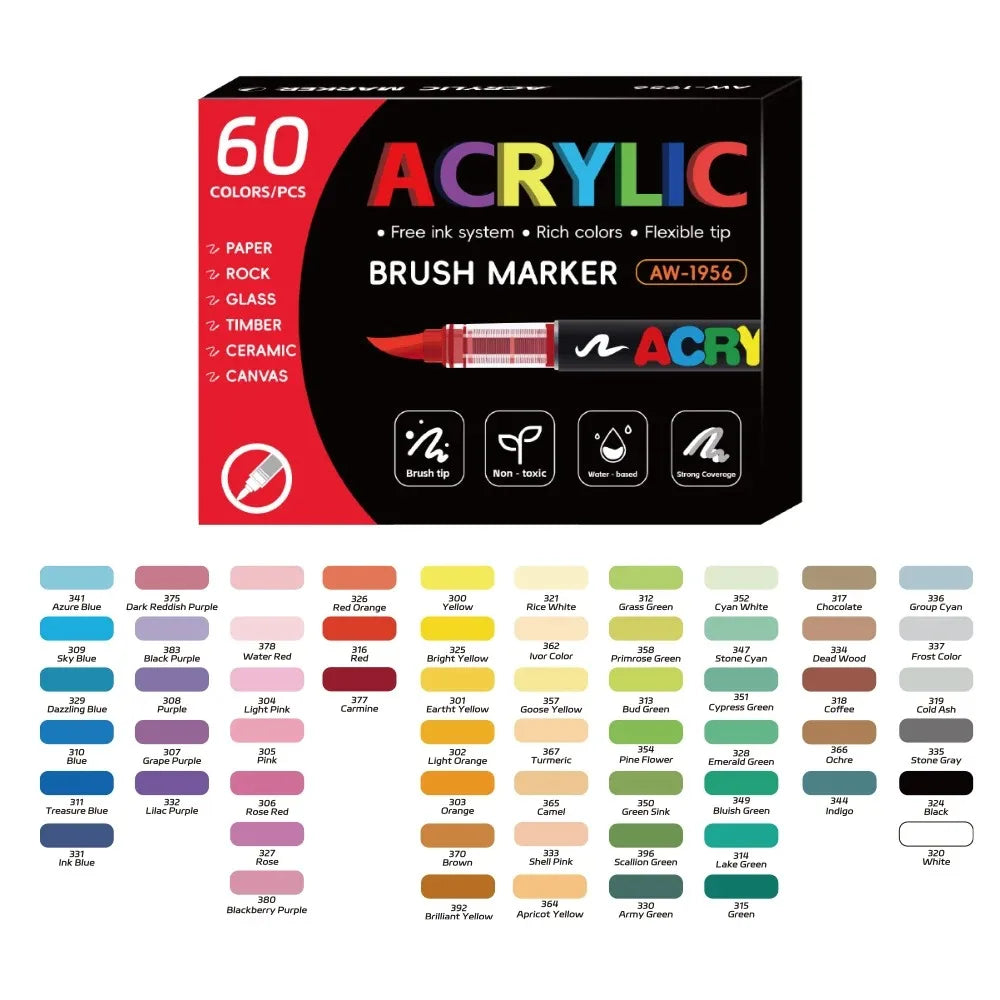 12-288 Colors Acrylic Paint Pens Markers Brush Tip Paint Markers for Rock Painting Wood Stone Glass Gift DIY Crafts Qme 60 Colors