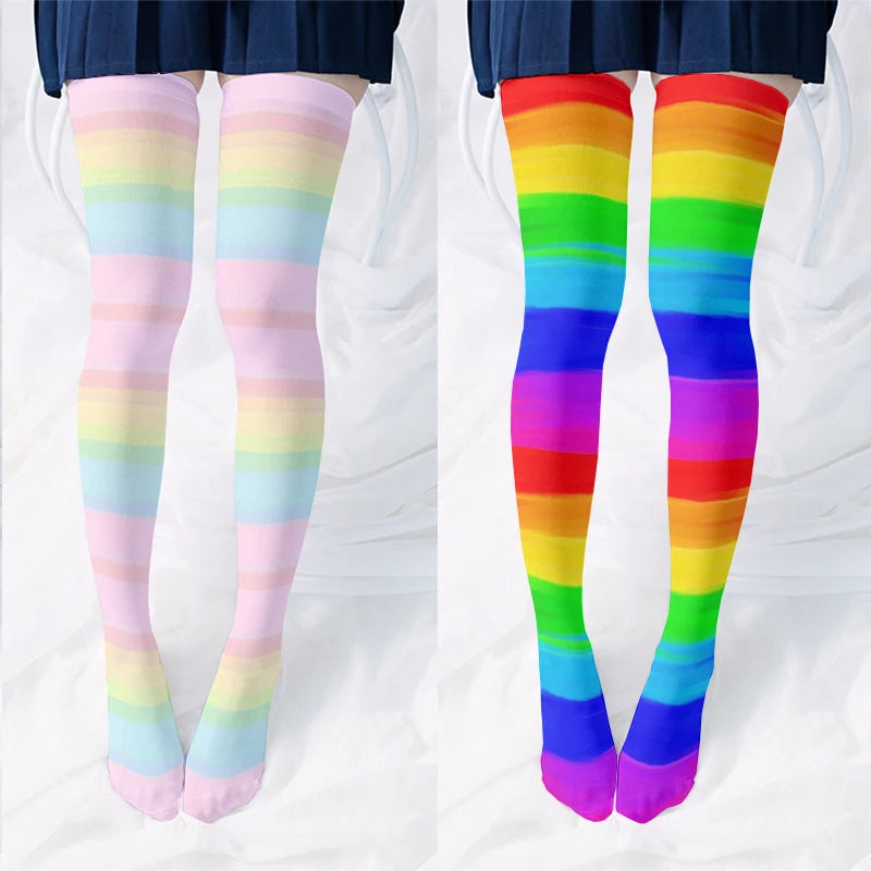 Fun Rainbow Striped Stockings Women's Sexy Fashion Multicolor Thigh Qme