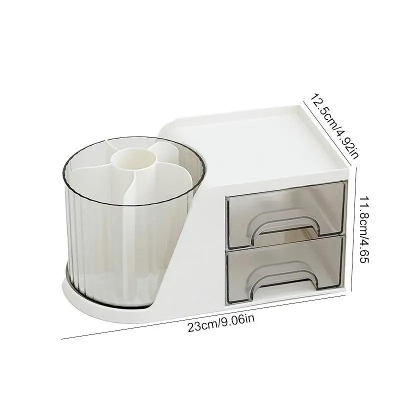 Drawer Plastic Pen Holder Cosmetic Storage Box 2-in-1 Rotating Qme