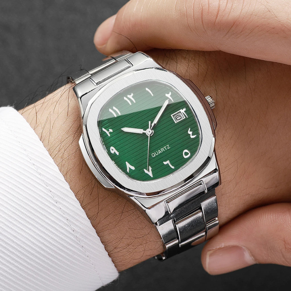 Men's Silver Watch Jewelry Set, 2Pcs Green Dial Arabic Numeral Watch + Cross Ring, Minimalist Casual Style Qme