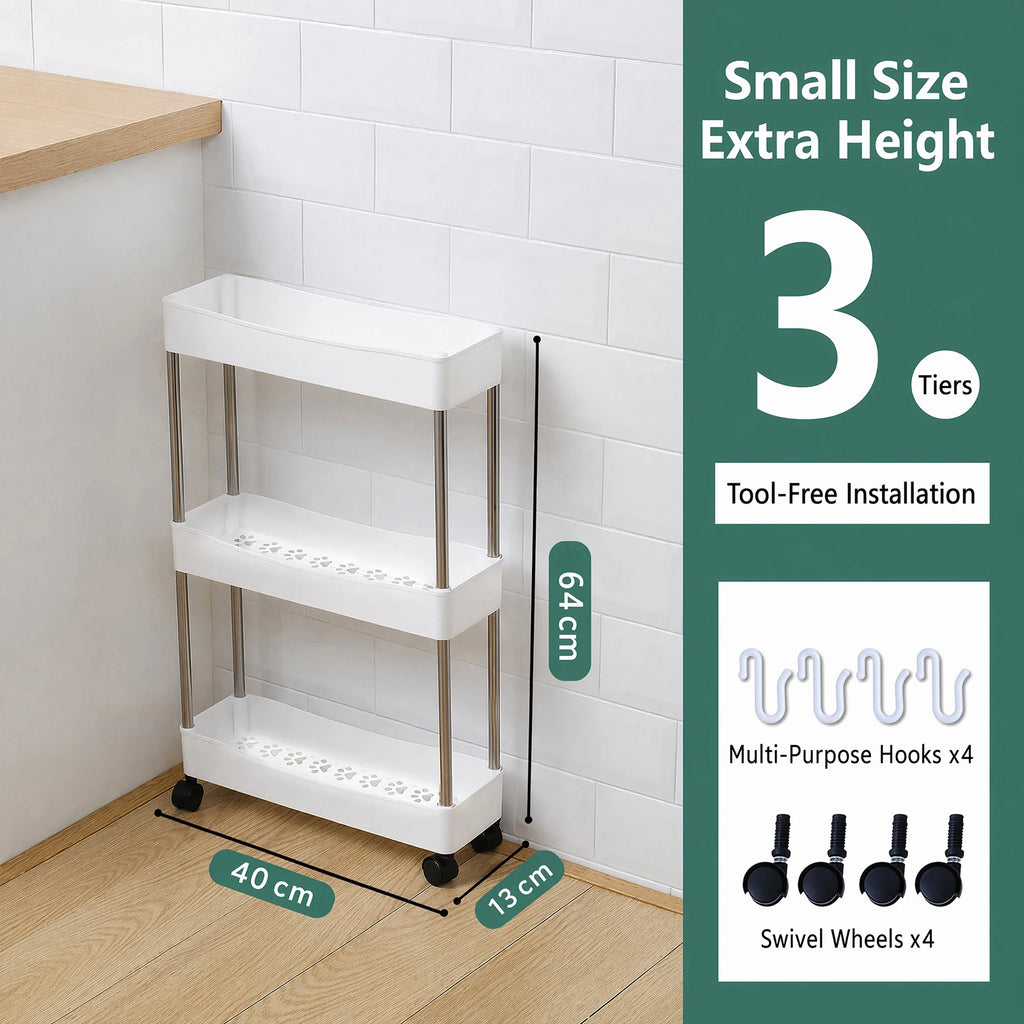 3-Tier Rolling Bathroom Storage Organizer Multi-Layer Plastic Trolley Rack for Kitchen Bathroom Laundry Room Narrow Places Qme