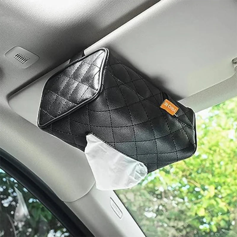 Solid Color Checkered Leather Wear-Resistant Tissue Box Car Seat Back Sunshade Hanging Tissue-Bag Buckle Strap Easy Installation Qme