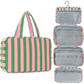 Foldable Hanging Travel Makeup Bag Wet Dry Compartments Striped Multi Qme Green And Pink