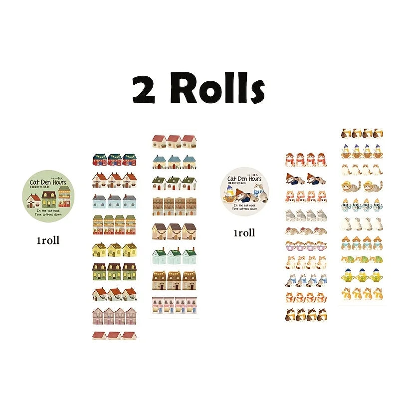 2 Rolls Healing Time Washi Tape, Vintage Town & Food Elements, Multi-Purpose Decorative Tape for Journal & Art Crafts Qme B