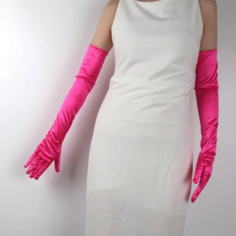 Ceremonial Satin Long Stage Performance Multicolor Women Gloves Ball Qme Rose Red 55cm