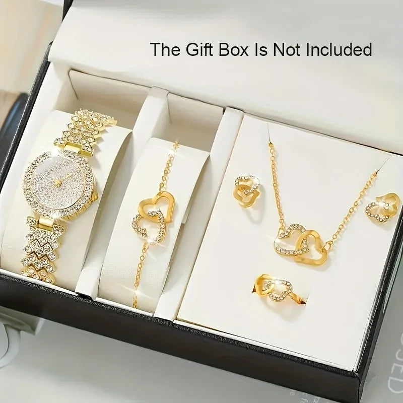 6pcs/set Women's Shiny Rhinestone Quartz Watch Analog Stainless Steel Band Wrist Watch & Heart Jewelry Set, Gift For Mom Her Qme