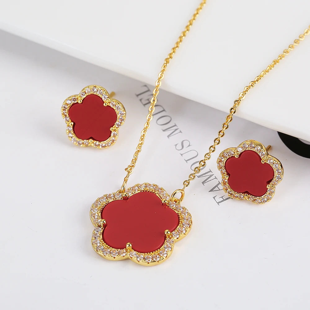 Trendy New Sweet Fashion Natural White Solid Five Leaf Petals Women Jewelry Set Necklace Earrings High Quality Gift Qme 5