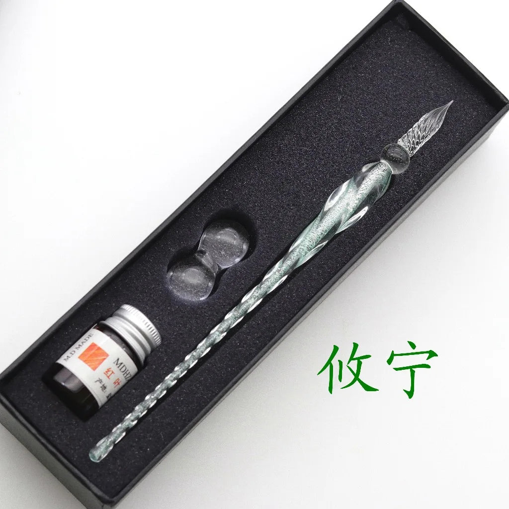 Crystal Glass Dipping Pen Box Colorful Gold Powder Ink Signature Qme D