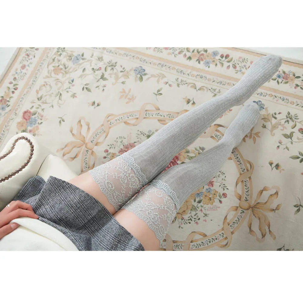 Sexy Women Floral Lace Patchwork Over Knee Thigh High Elastic Stockings Fashion Dress Up Accessories Qme Gray M