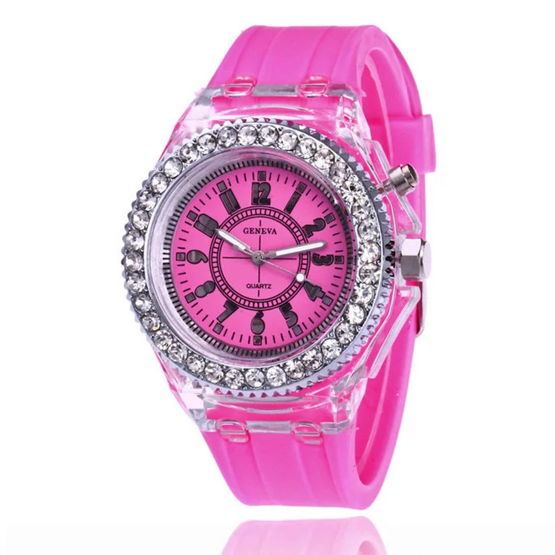 led Flash Luminous Watch Personality trends students lovers jellies woman men's watches 7 color light WristWatch bayan kol saati Qme rose red