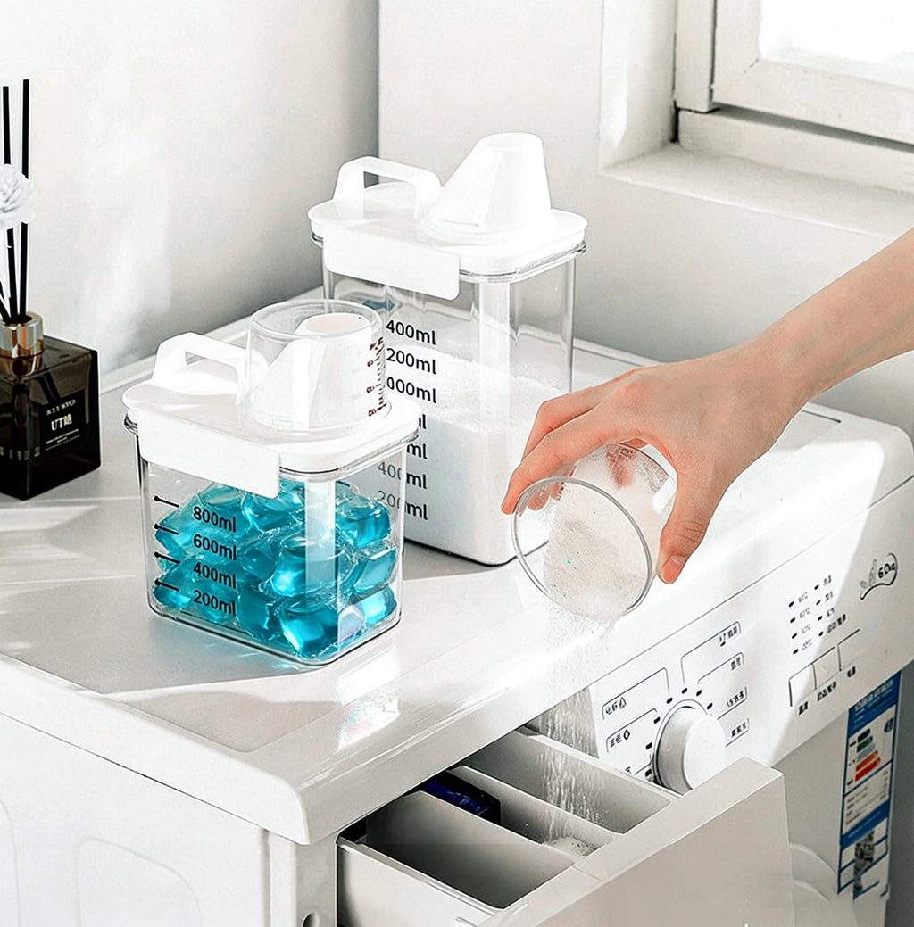 Laundry Detergent Dispenser for Powder & Liquid - Airtight Storage Container with Measuring Cup Lid, Clear Container for Laundry Qme
