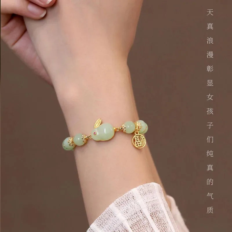 b05 Fu Character Jade Hare Imitation Hotan Jade Bracelet Fashion Women's Cute Rabbit Glass Beaded Bracelet Retro Jewelry Gifts Qme