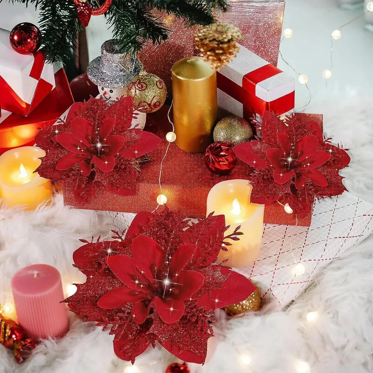 10/1Pc Christmas Glitter Artificial Flowers DIY Christmas Tree Hanging Ornaments Fake Flower For Xmas New Year Party Decor Gifts Qme