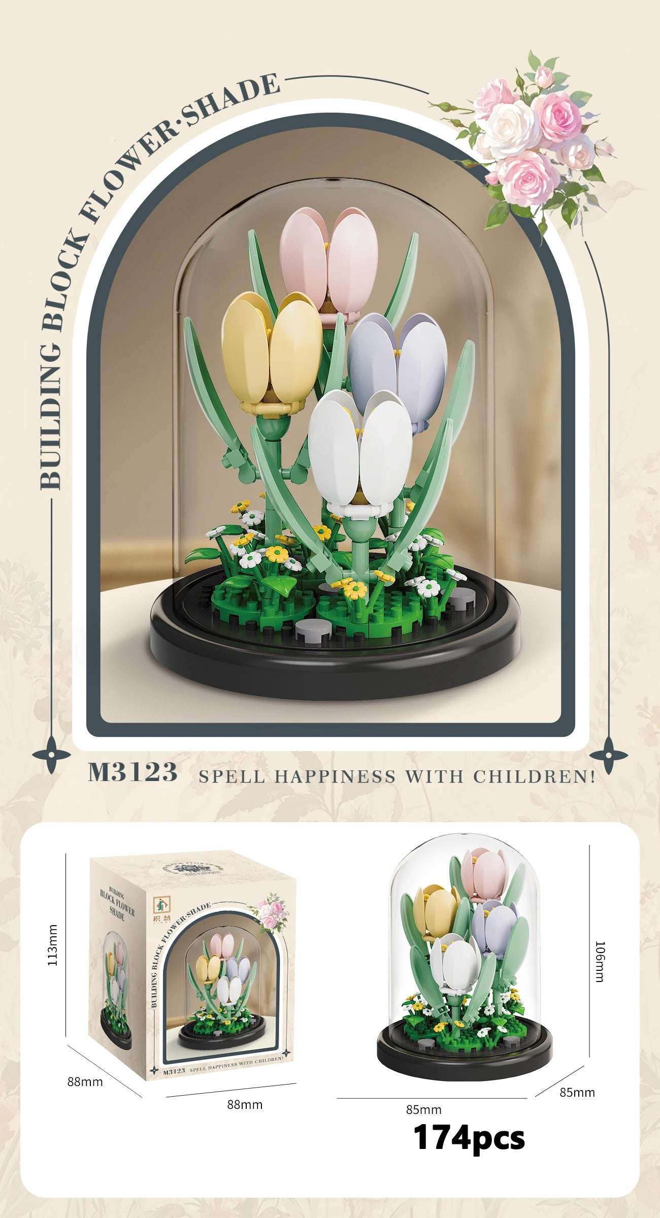 Eternal Flower Bouquet Bonsai Potted Plant Micro Building Blocks Model Home Decoration Puzzle Toys Kids Birthday Christmas Gifts Qme 3123-With Cover