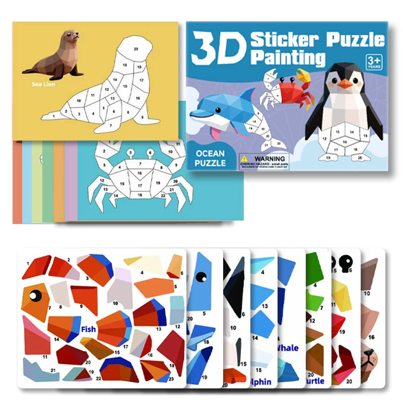 New 3D Puzzle Stickers Number Matching Puzzle Sticker Creative DIY Puzzle Sticker Painting Set (8 Patterns) Child Focus Training Qme Marine Animals