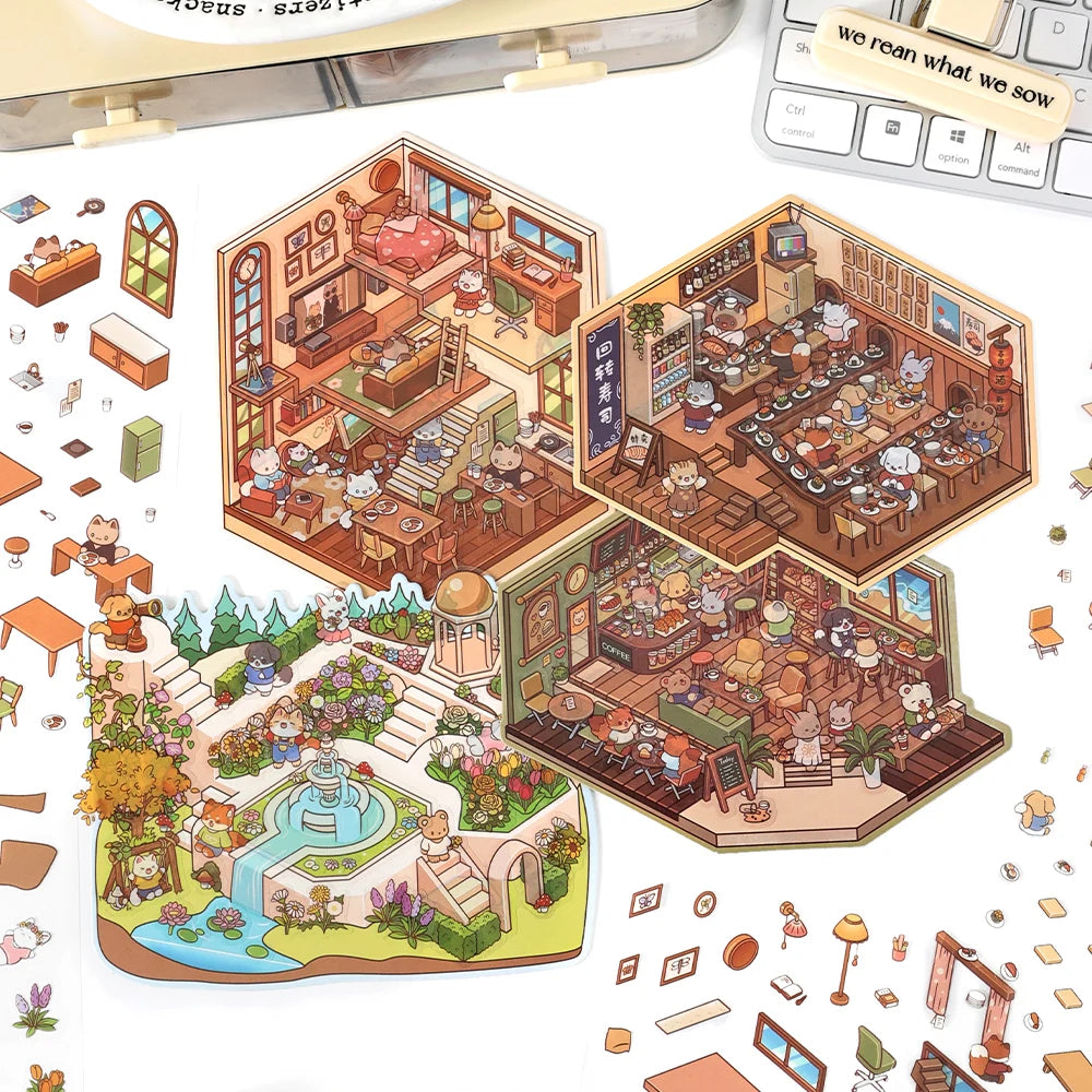 Cartoon 3D Landscaping Scrapbooking Stickers Miniature Scene DIY Cabin Scene Stacking and Pasting Hand Account Gift for Kid Qme