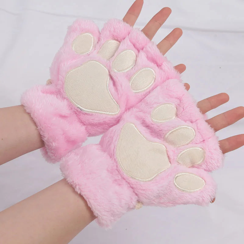 Women Cartoon Cat Claw Gloves Thickened Plush Lovely Bear Paw Exposed Qme pink One Size