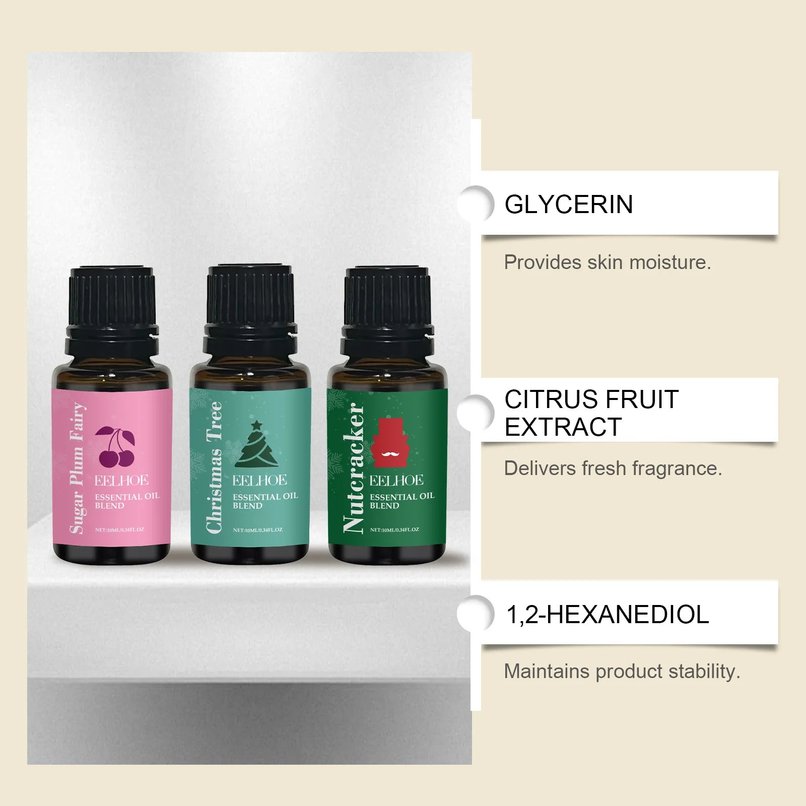 Holiday Moisturizing Fragrance Essential Oil Set for Aromatherapy Diffuser & Skin Care Christmas Gift Scent Relaxing Hydrating Qme